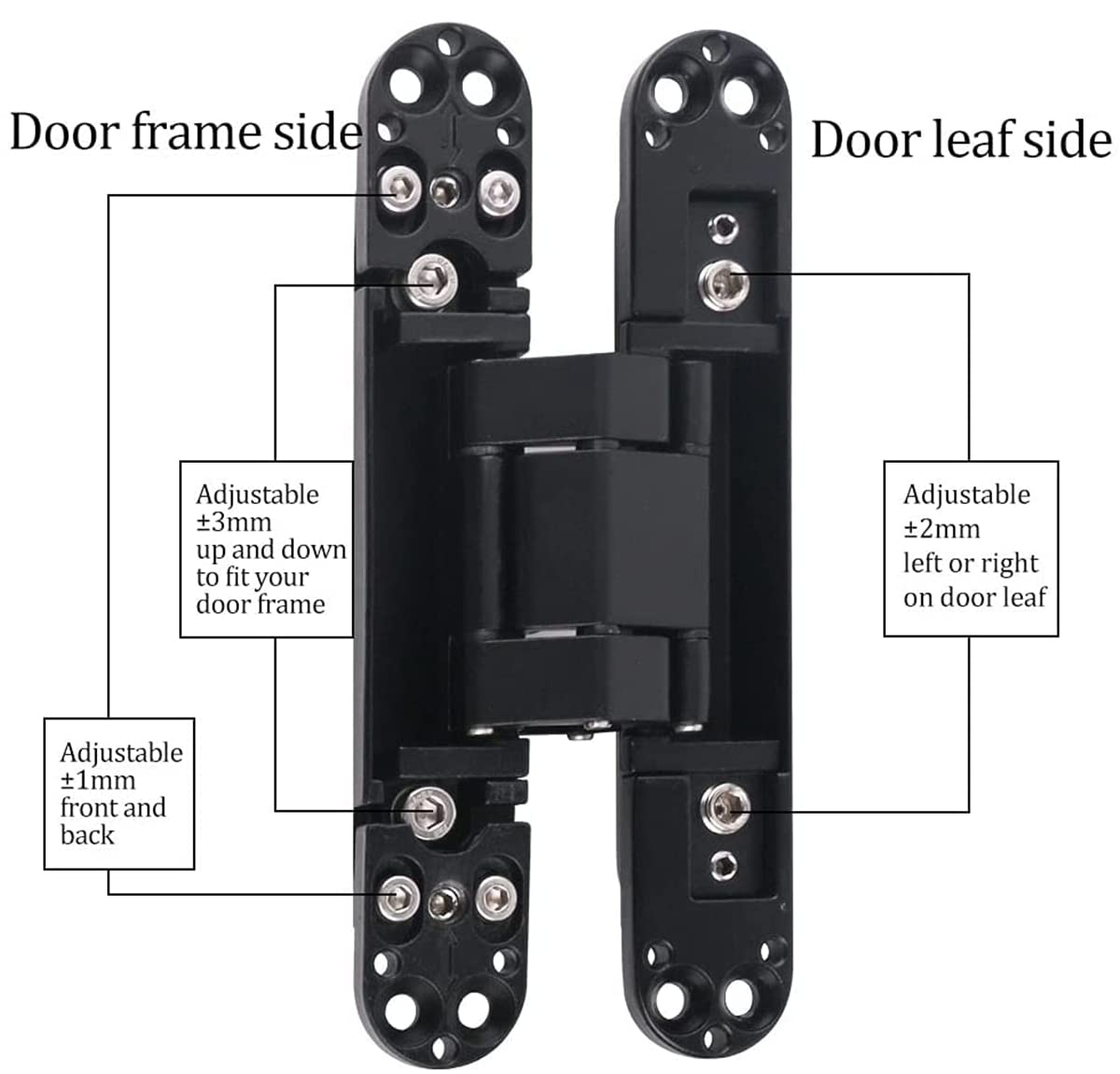 Ranbo 7 x 2.8 x 1.1 inch Zinc Alloy/Aluminum Alloy Material Heavy Duty Invisible/Concealed/Hidden 3 Way Adjustable Butt Hinge Suitable for Commercial Residential Industrial Door (7 inch Black)