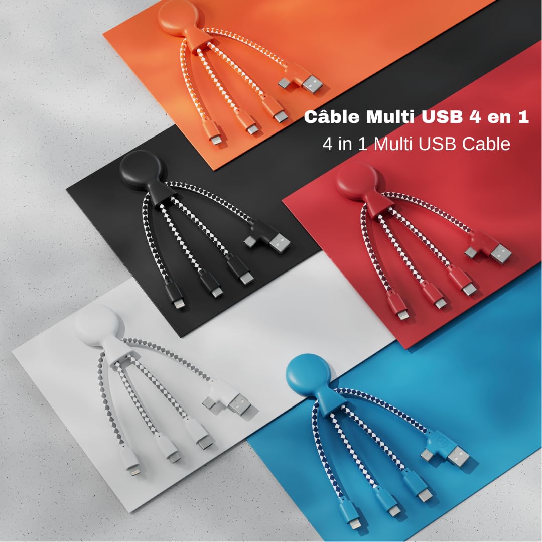 4 1 Xoopar Multi USB Cable in - Universal Charger Made from Recycled Plastic - USB, USB-C, Lighting, Micro USB Ports