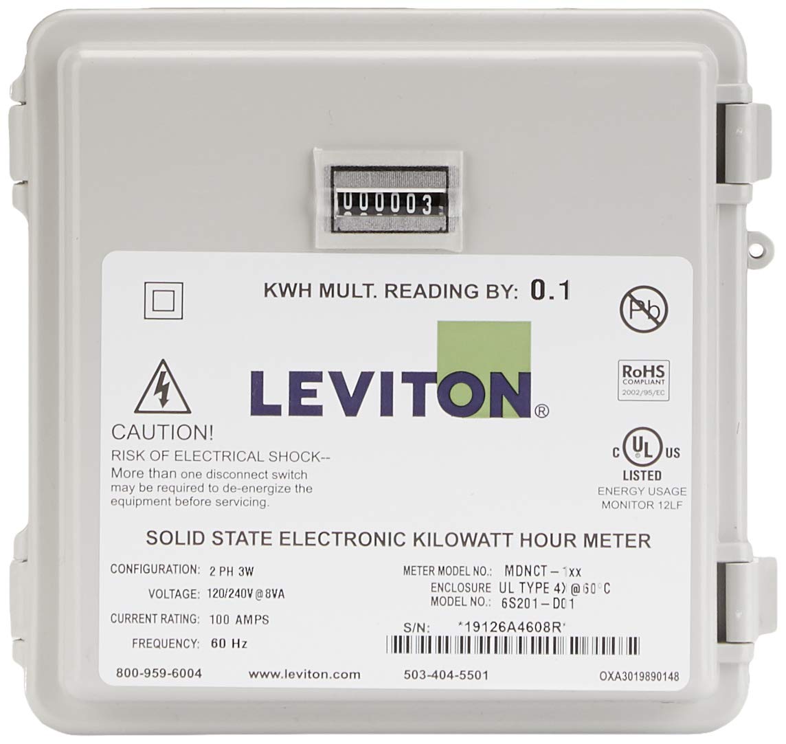 Leviton Outdoor Surface Mount Mechanical Counter 120/208/240V 2P3W 100A with 2 Split Core CTs Mini Meter Kit, MO240-1W