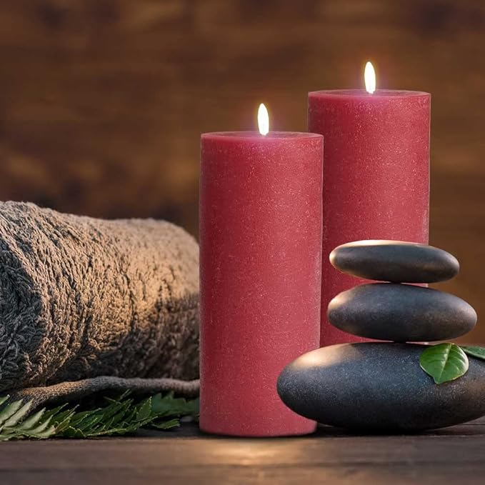 Mottled Pillar Candles by Bask - Set of 6-3" x 6" Dripless Unscented Holiday Candles in Cranberry for Home Decor, Relaxation & All Occasions