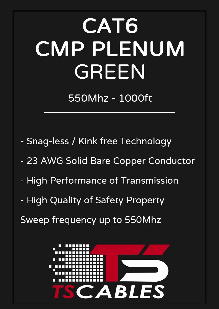 TSCables | Cat6 Plenum (CMP) 1000ft Cable, 23AWG | 100% Solid Bare Copper | 550MHz, PoE++ (4PPoE) | Unshielded Twisted Pair (UTP) Bulk Ethernet Cable, Available in 10 Colors (Green, 1000ft)