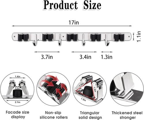 AceMining Wall-Mounted Broom and Mop Holder - 3 Pack with 5 Racks & 4 Heavy-Duty Hooks | Stainless Steel