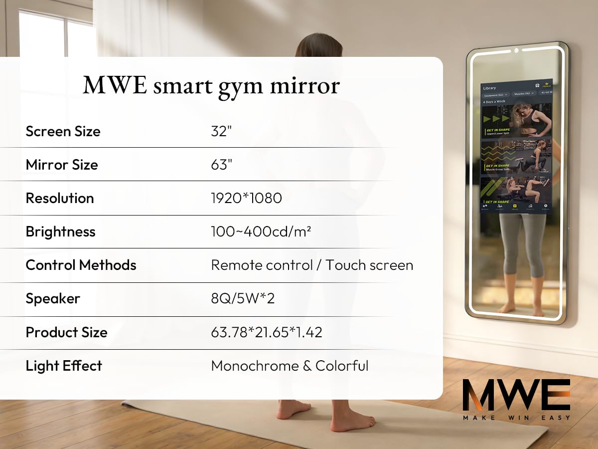 HARZHI 32 Inch Smart Gym Mirror, HD Touch Screen, Android OS, No VIP Fees, Voice Control, Music Sync LED Light Strip, Perfect for Home Gym/Yoga