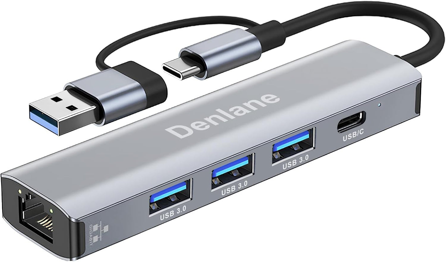 Denlane 3.0 5 2 4-Port 3.0 1000Mbps RJ45 USB C USB to Ethernet Adapter, in Gigabit USB Ethernet Hub for Laptop