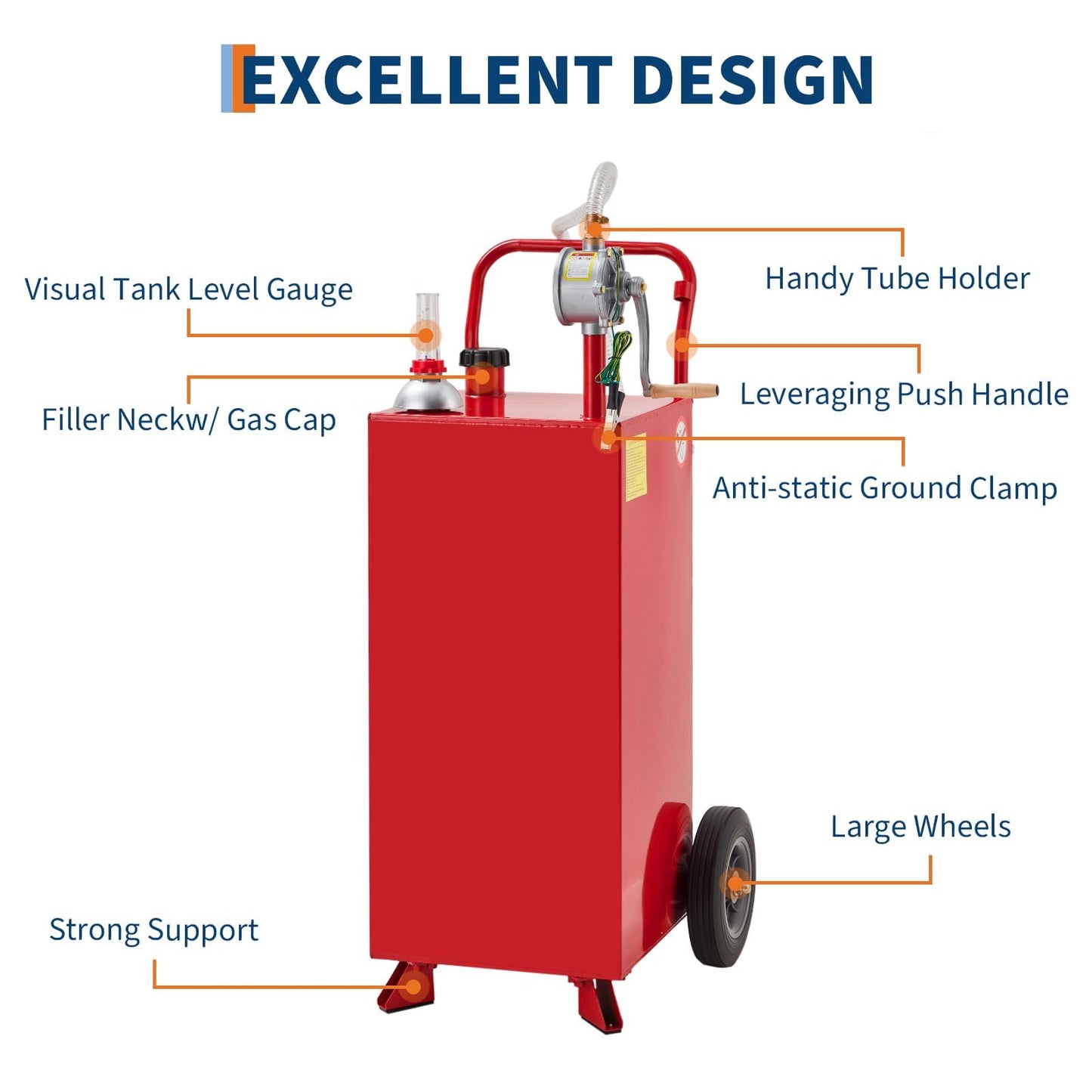 20 Gallon Fuel Caddy, Portable Gas Storage Tank with Manual Transfer Pump, Hose & 2 Wheels, Gasoline Diesel Fuel Container for Cars, ATVs, Boats, Lawn Mowers, Red