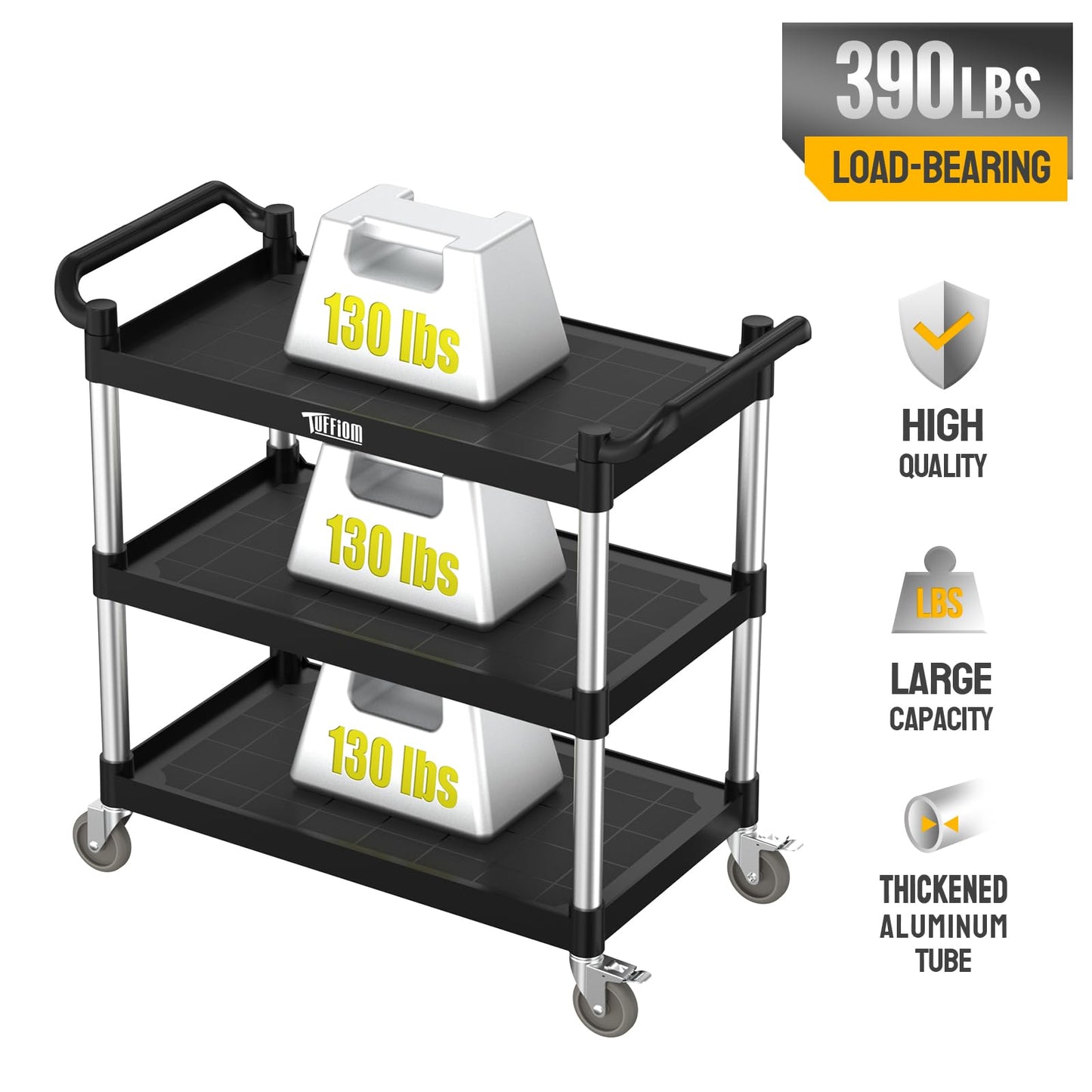 TUFFIOM Plastic Service Utility Cart with Wheels,Heavy Duty 450lbs Capacity, 3-Tier Commercial Rolling, Ideal for Restaurant, Foodservice, Office, Warehouse, Black 39.8''L x 19.1''W x 38.4''H