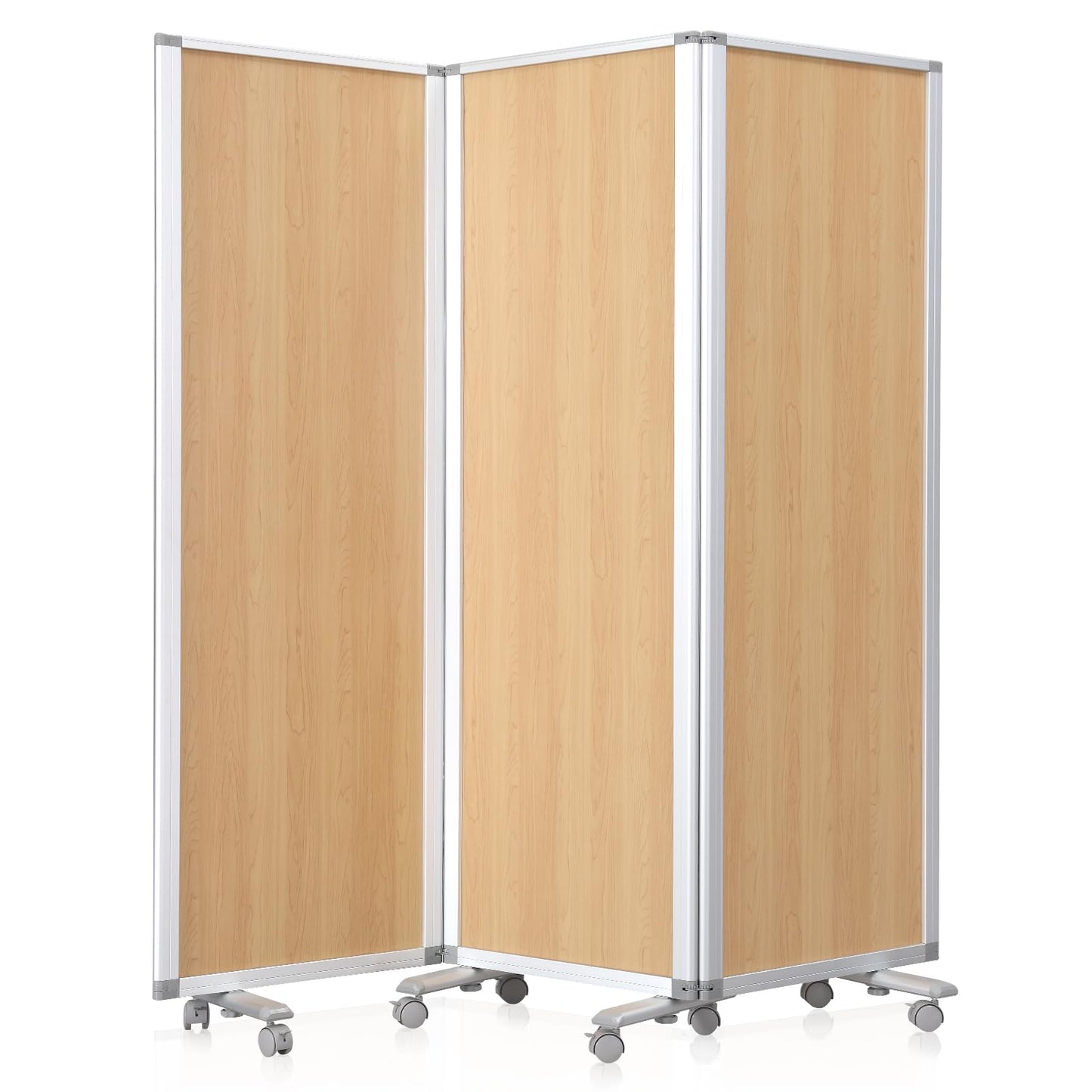 SWANCROWN Folding Office Partition 3-Panel Room Divider 71x71 in, Sliding Privacy Screen Portable Temporary Wall for Cubicle, Studio & Home Office, Wood Grain