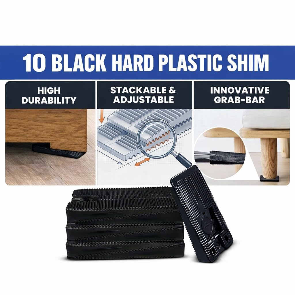 Wobble Wedge Rigid Plastic Shims, Heavy Duty Black 10-Pack, 2000 lbs Load Capacity, Made in USA Industrial Leveling Tools for Machinery & Commercial Equipment