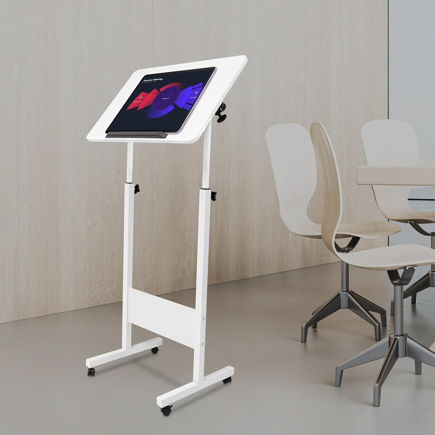 Cbhfmljd Adjustable Laptop Desk, Portable Podium Stand with Wheels Height Adjustable Presentation Mobile Standing Desk
