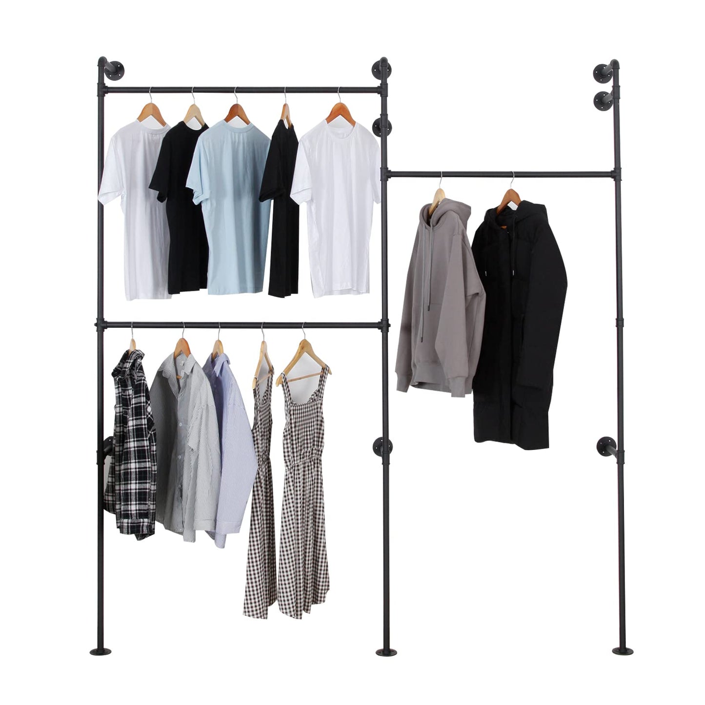 EDCB Wall Mounted Industrial Pipe Clothing Rack Garment Racks Pipeline Vintage Rolling Rack On Wall, Heavy Duty Rustic Gold Metal Garment Frame for Bedroom, Living room (Black)