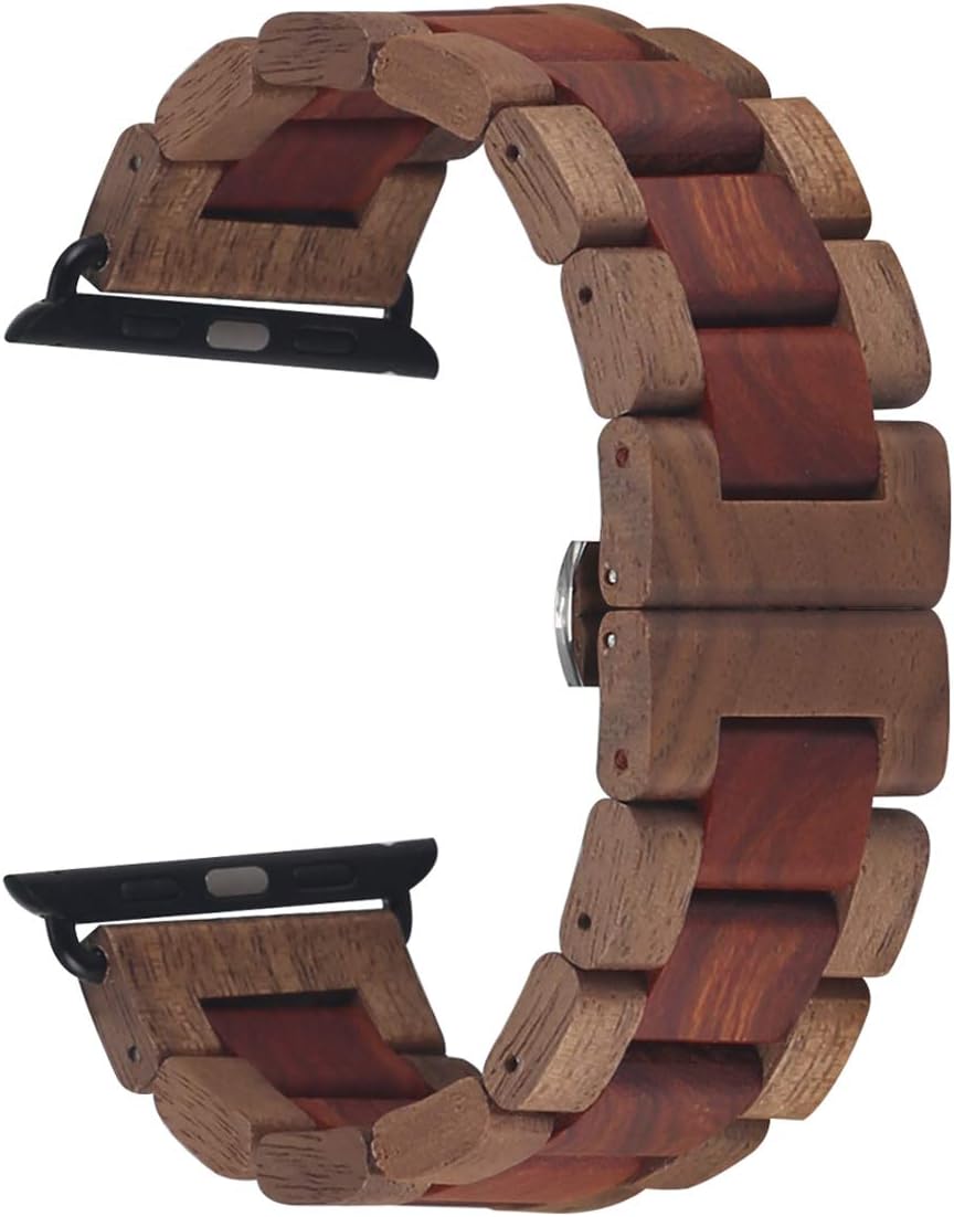 AIYIBEN 42mm 44mm 45mm 49mm 2 9 8 7 6 5 4 3(Walnut Wooden Watch Band with Stainless Steel Butterfly Buckle Compatible