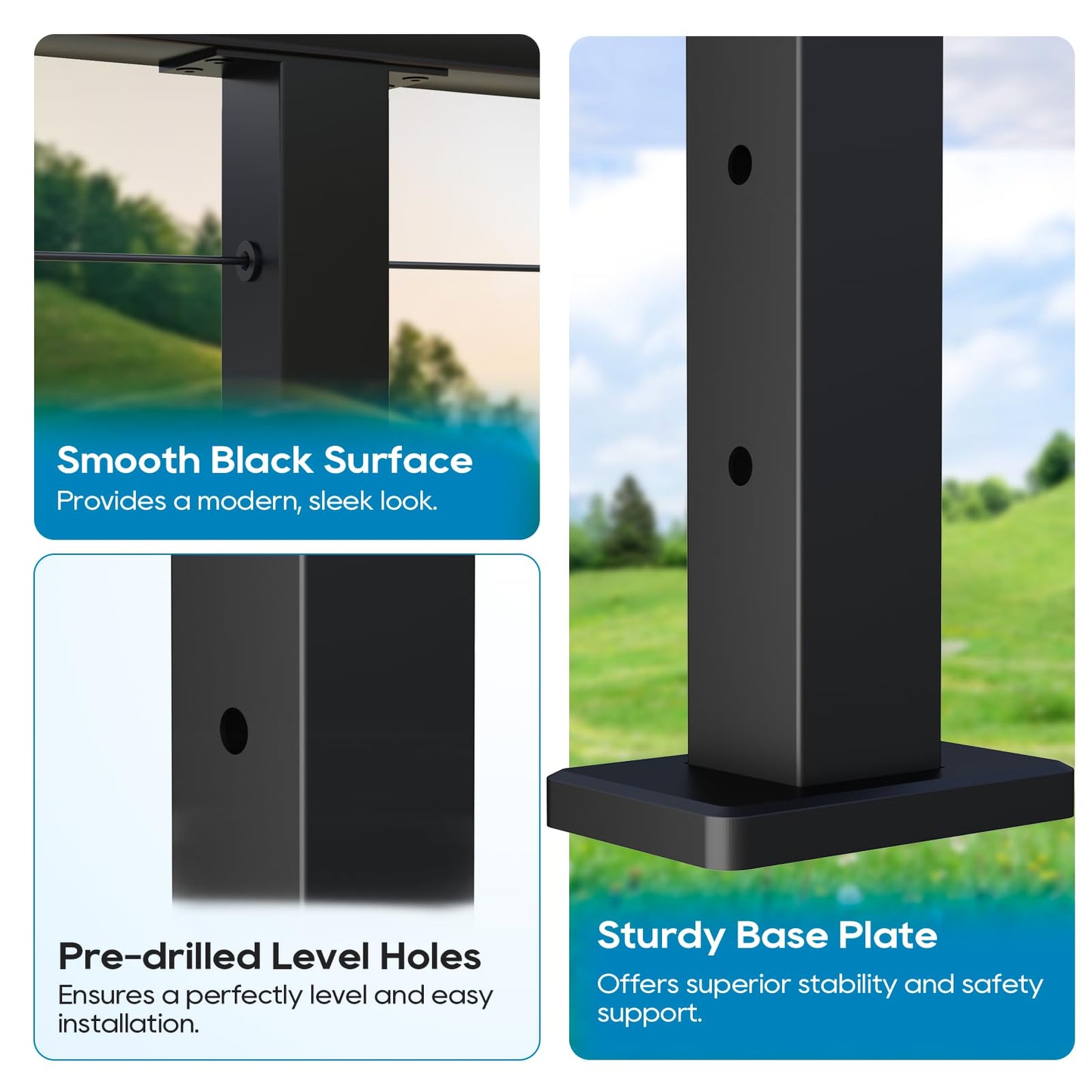 Level Drilled Cable Railing Post 36" (35"X2"x2"), Stainless Steel Black Square Deck Railing Post Flat Bracket, Pre-Drilled Level Holes Railing Post for Horizontal Cable System, Surface Mount Posts(4P)