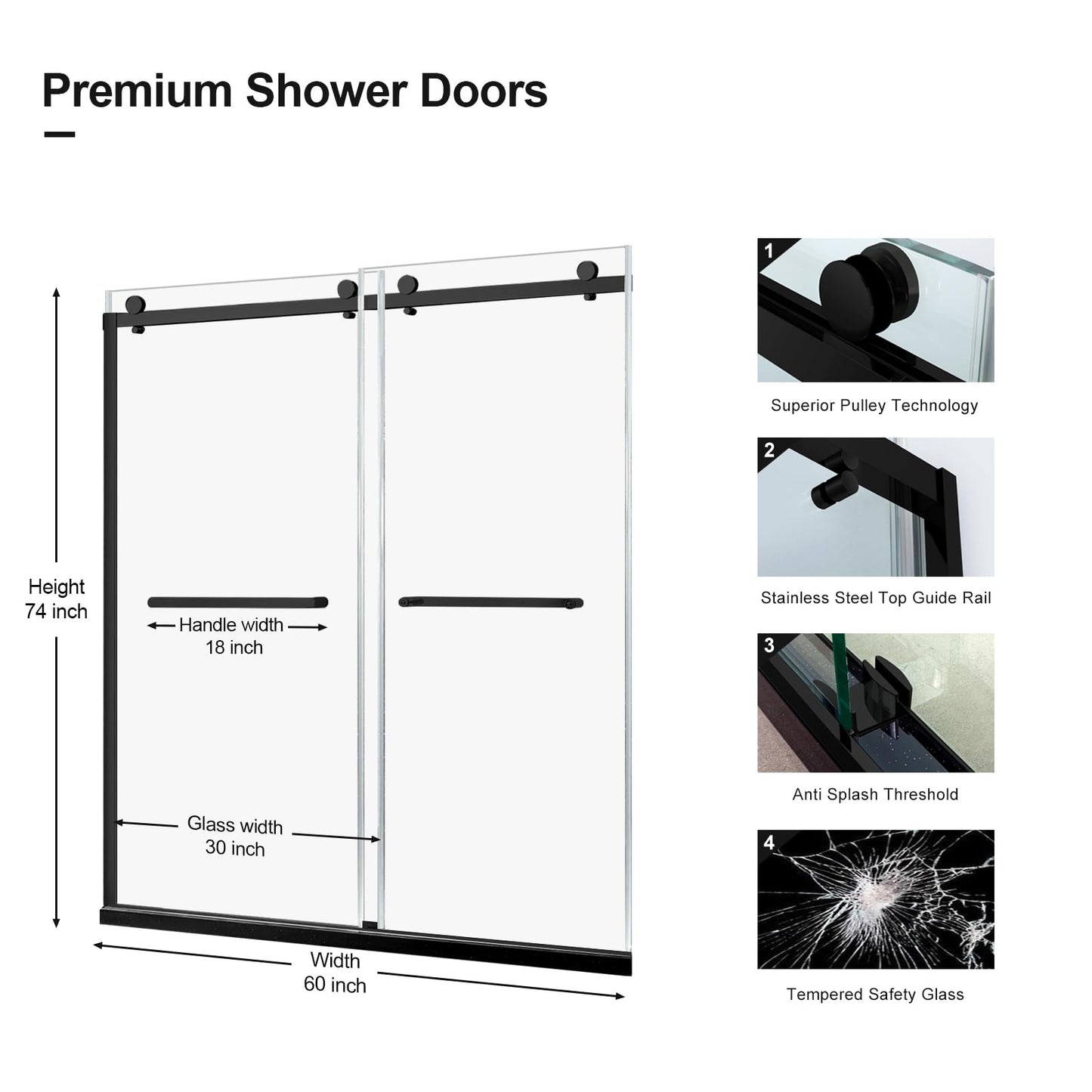 Mersviton Double Sliding Shower Door, 60" W x 74" H Framed Glass Shower Door with 5/16"(8mm) Clear Tempered Explosion-Proof Film Glass, 18 inch Stainless Steel Handle, Matte Black