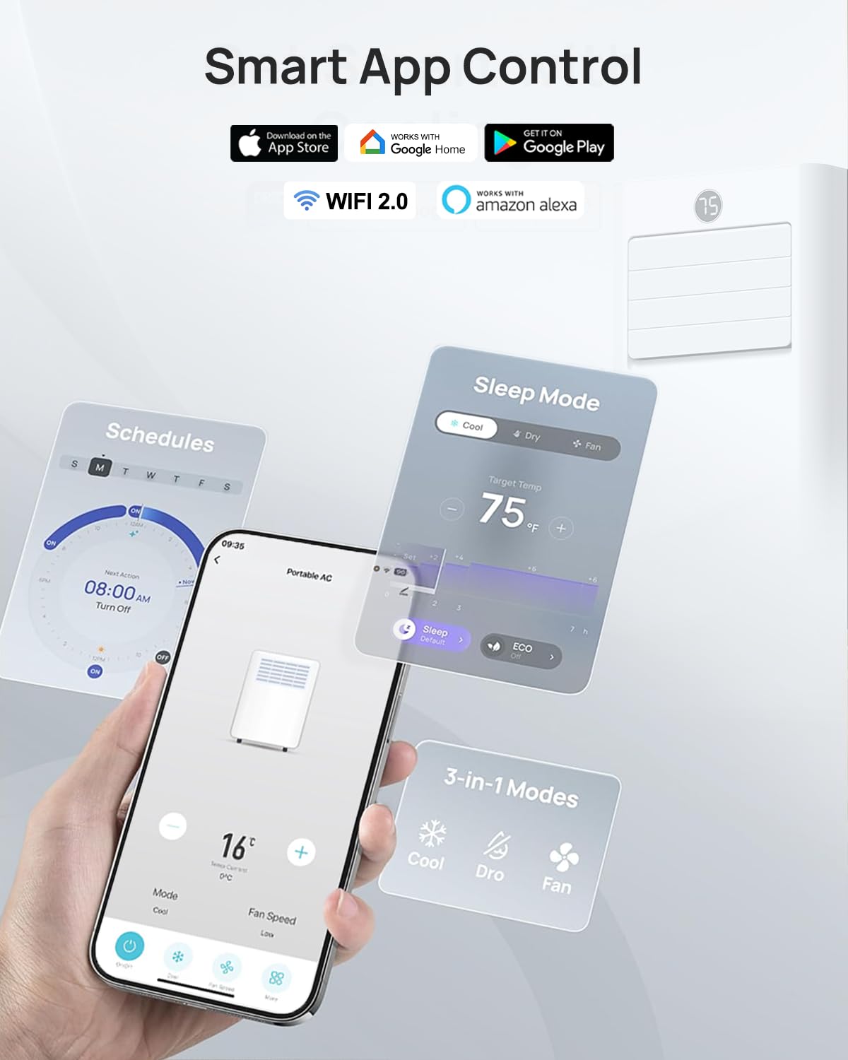 16,000 Btu Portable Air Conditioners for Large Rooms up to 750 Sq. Ft., 5-in-1 Smart WiFi AC Unit with APP, Fast Cooling, Dehumidifier, Fan, 36dB Sleep Mode 24H, Window Kits for Bedroom Home Office