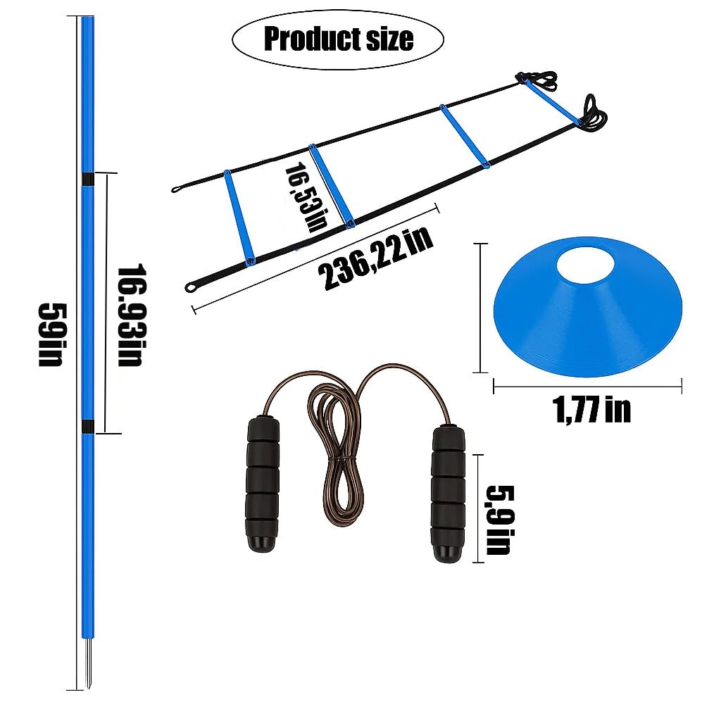 Soccer Agility Training Equipment Set - 6 Pro 59" Spliceable Agility Poles with Ground Spikes, 1 20ft Speed Ladder, 10 Soccer Cones, Jump Rope & Carry Bag for Youth Soccer & Football Drills (blue)