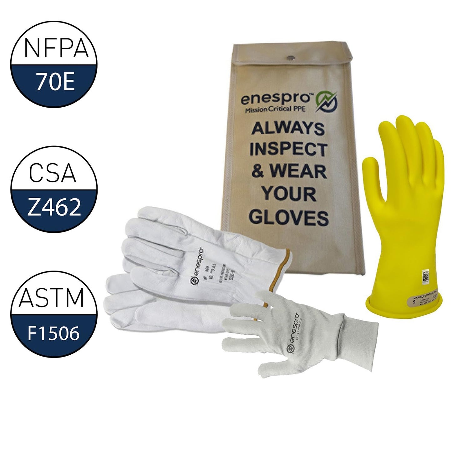 Enespro Class 00 Premium Electrical Gloves Kit (Pack of 3), 500V AC / 750V DC Yellow Insulated Rubber Gloves with Leather Protectors and Kint Gloves, Work Gloves for Linemen, and Utility Workers