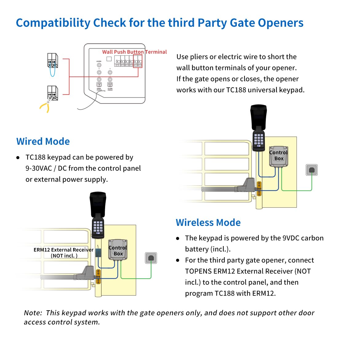 TOPENS TC188 Universal Wireless Wired Keypad Keyless Entry Keypad Waterproof Digital Code Panel Security Control for Automatic Swing Sliding Gate Opener, Remote Operator Accessory