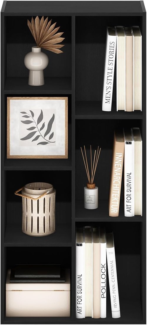 Furinno LUDER 7-Cube Bookshelf - Stylish Open Shelves | Easy Assembly for Living Room, Bedroom, Home Office - Blackwood Finish
