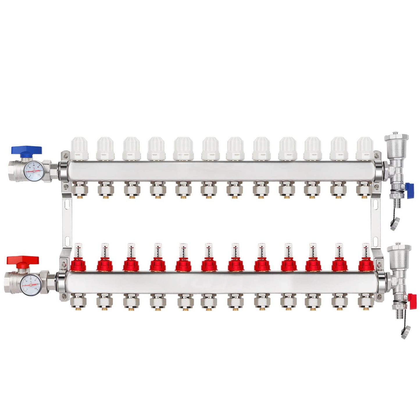 YUFUYEK 12-Branch PEX/Radiant Heat Manifold，1/2" PEX Tubing Manifold,304 Stainless Steel Floor Heat Manifold Kit with 1/2" Adapters Included for Hydronic Radiant Floor Heating (12-Loop)