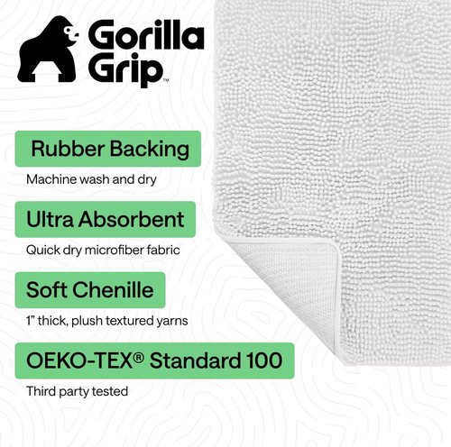 GORILLA GRIP Bath Rug Mat - Soft Absorbent Chenille | Quick Dry Microfiber, 44x26, White