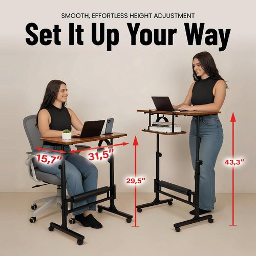Model 2026 Adjustable Height Rolling Desk With Wheels Portable Compact Laptop Table Mobile Workstation For Study Office Small Space Standing Desk Ergonomic Writing Surface Modern Home Furniture Brown