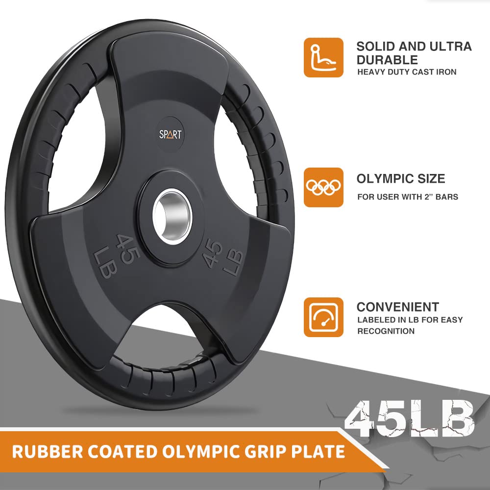 SPART Weight Plate 2-Inch Rubber Coated Olympic Grip Plate for Barbell,Solid Cast Iron Weight Plates in Pairs or Single for Strength Training,Weightlifting,Crossfit,Home Gym, 10LB, Pair