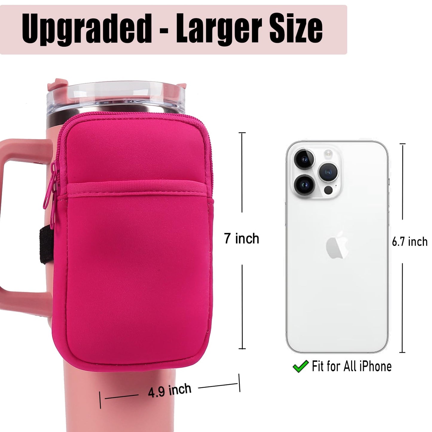LMYUHONG Water Bottle Pouch For Stanley cup accessories 40oz 20oz 30oz,tumbler pouch with Versatile Pocket, for Cards, Keys,Earphone. Fits for Phones, Use for Running, Walking, Hiking,Biking,DeepPink