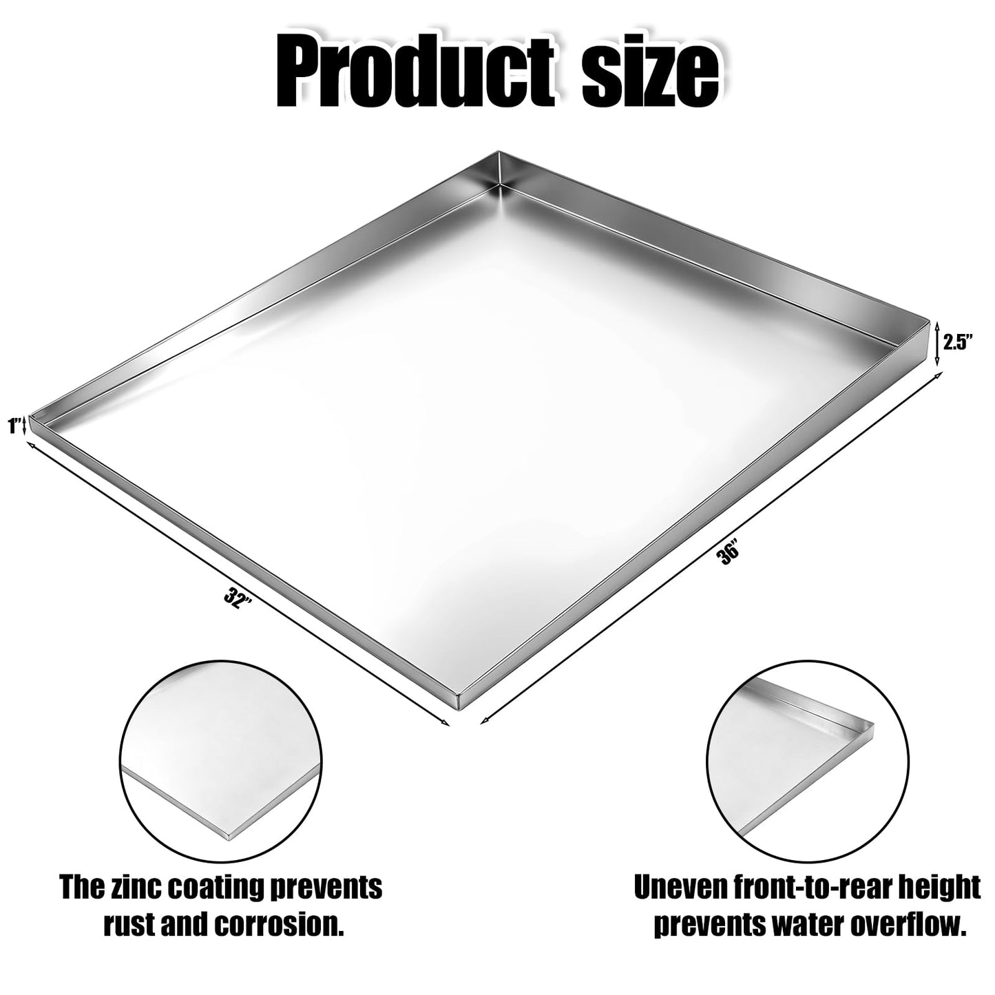 Wesiti 36 x 32" Front Load Washer Drip Tray Galvanized Steel Washer Machine Drain Water Damage Prevention No Leak Waterproof Welded Water Tight for Floor Protection Anti Vibration Mat