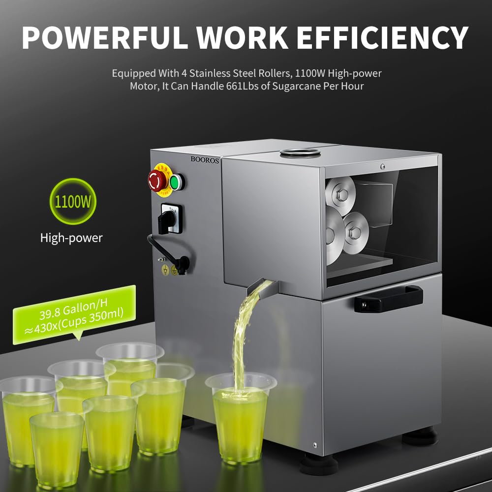 BOOROS Commercial Sugar Cane Juicer Machine 1100W Electric Sugar Cane Juicer 4-Rollers Sugar Cane Machine With 661 Lbs/h Working Efficiency for Restaurants,Hotels,Snack Bars,110V