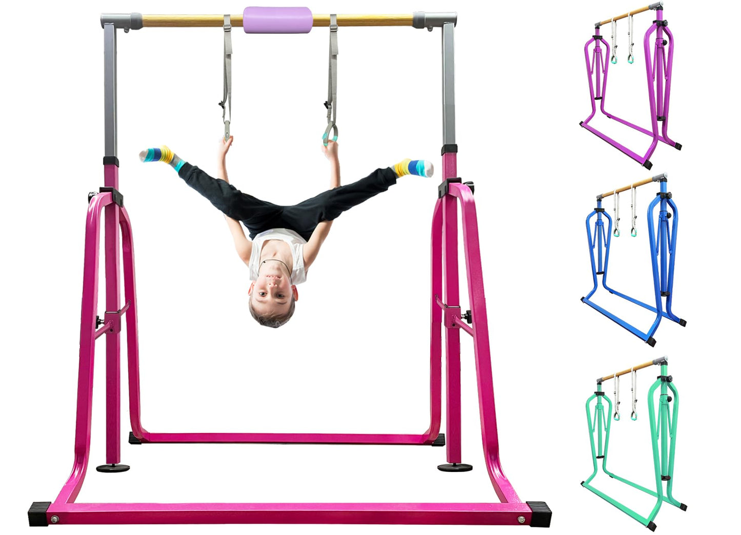 kechery Foldable & Moveable Gymnastics Horizontal Bar with Rings,3’to 5’Adjustable Height Expandable Junior Kip Bar for Home,Indoor Gym Equipment for Kids(Foldable Pink with Rings)