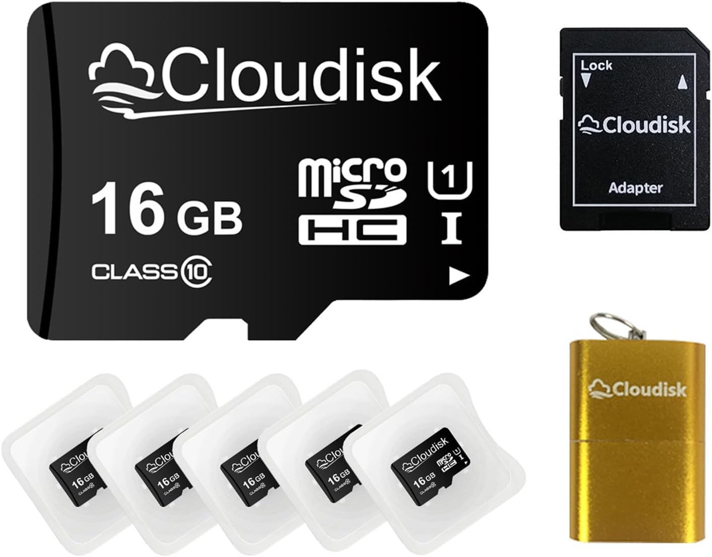 Cloudisk Pack 5 16GB C10 A1 U1 (16 of Micro SD Card Flash Memory Card Micro SDHC with SD Adapter, Card Reader GB)