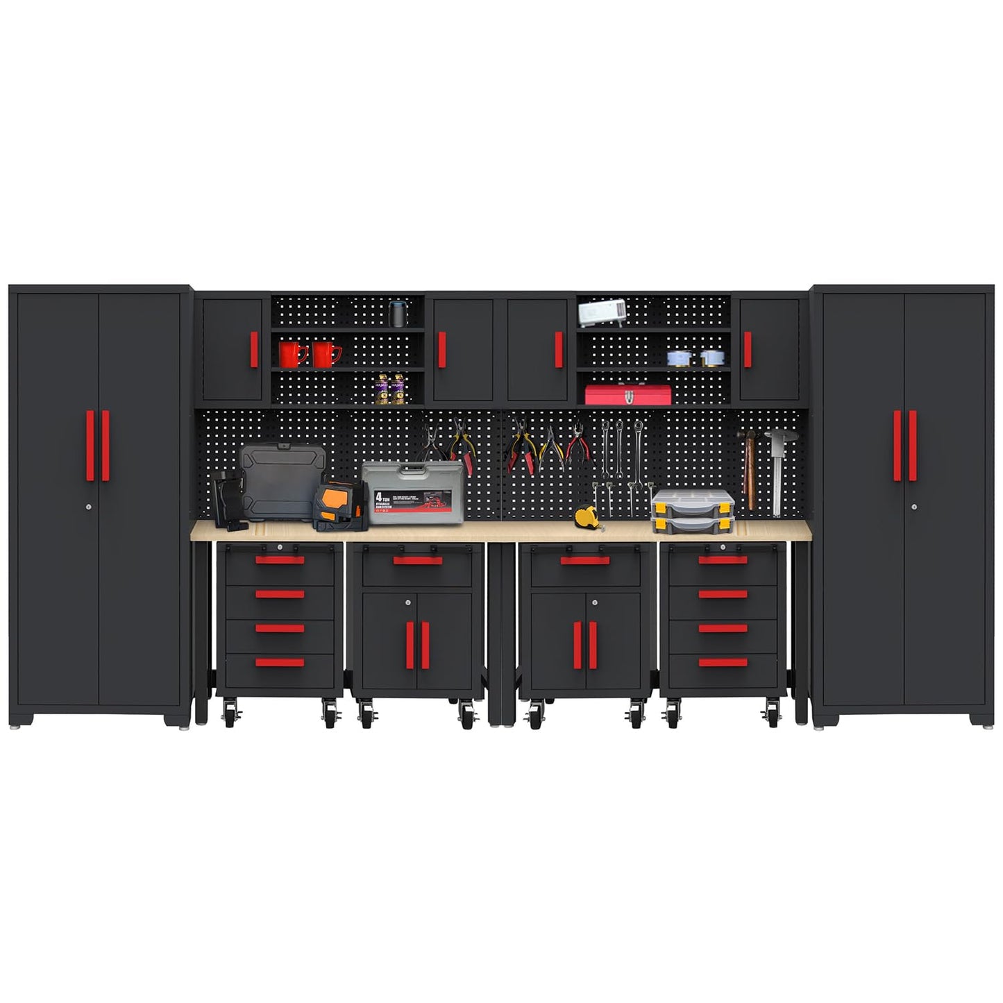 HPDMC Garage Storage Cabinet System - 2 * 6-Pcs Workshop Set with Steel Cabinet Drawers, Rolling Chest, Workbench, Pegboard for Tool Organization