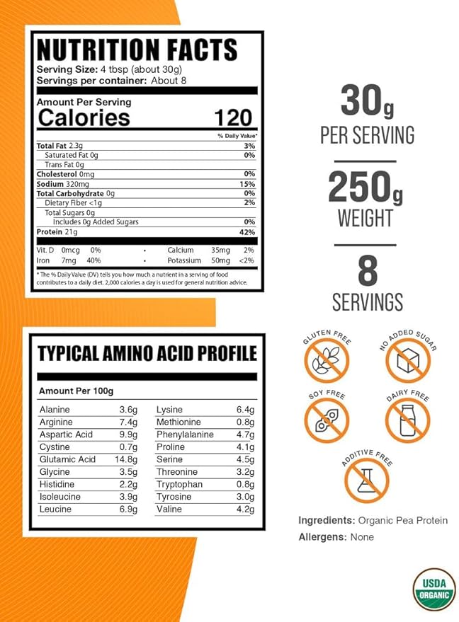 BulkSupplements.com Organic Pea Protein Powder - Plant Based & Vegan Protein Powder - Unflavored & Gluten Free, 30g per Serving, 250g (8.8 oz) (Pack of 1)