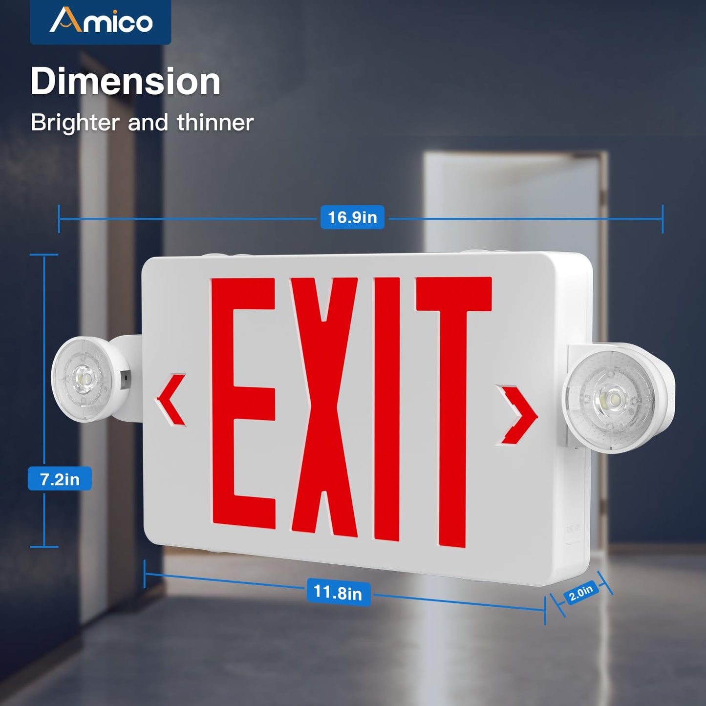 Amico 12 Pack Red Exit Signs with Emergency Lights, Commercial Grade, 94V-0 Fire Resistant Housing, Two LED Adjustable Head, Emergency Exit Sign with Lights Battery Backup, ETL Certified, AC 120/277V