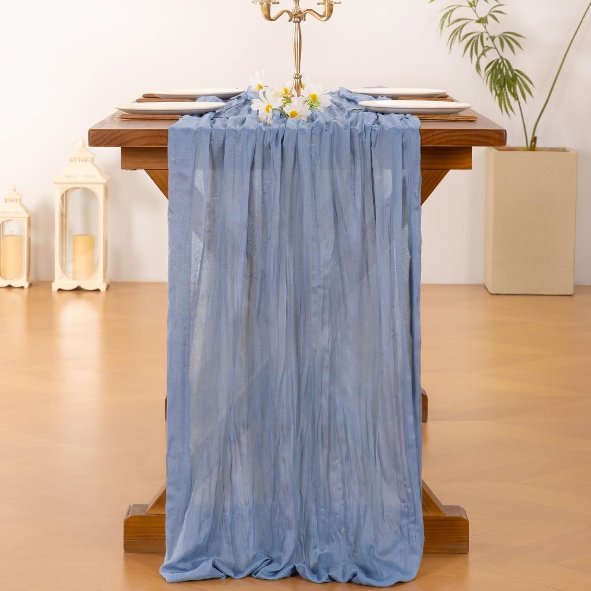 Socomi Cheesecloth Table Runner - Dusty Blue Boho Rustic Design | 120 Inch for Weddings & Events