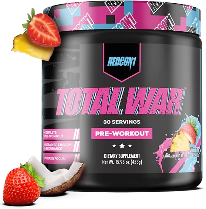 REDCON1 Total War Pre Workout, Vice City - L Citrulline, Malic Acid, Green Tea Leaf Extract for Pump Boosting Pre Workout for Women & Men - 3.2g Beta Alanine to Reduce Exhaustion (30 Servings)