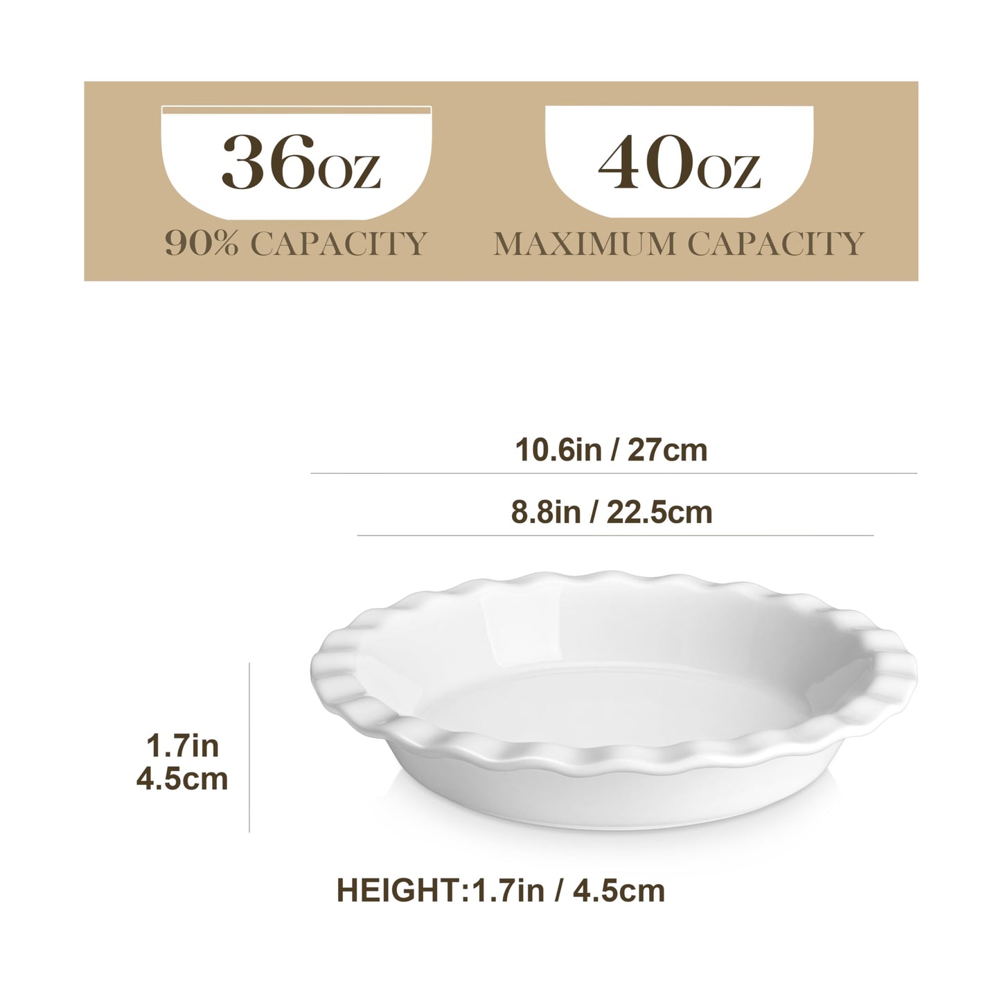 MALACASA Ceramic Pie Pan, Pie Pan for Baking 9 Inch, 40 OZ Pie Plate Round Pie Dish for Baking Fluted Pie Dish Baking Pan, Non Stick Deep Pie Dishes for Quiche, Apple Pies, Pot Pies, Tart, etc.