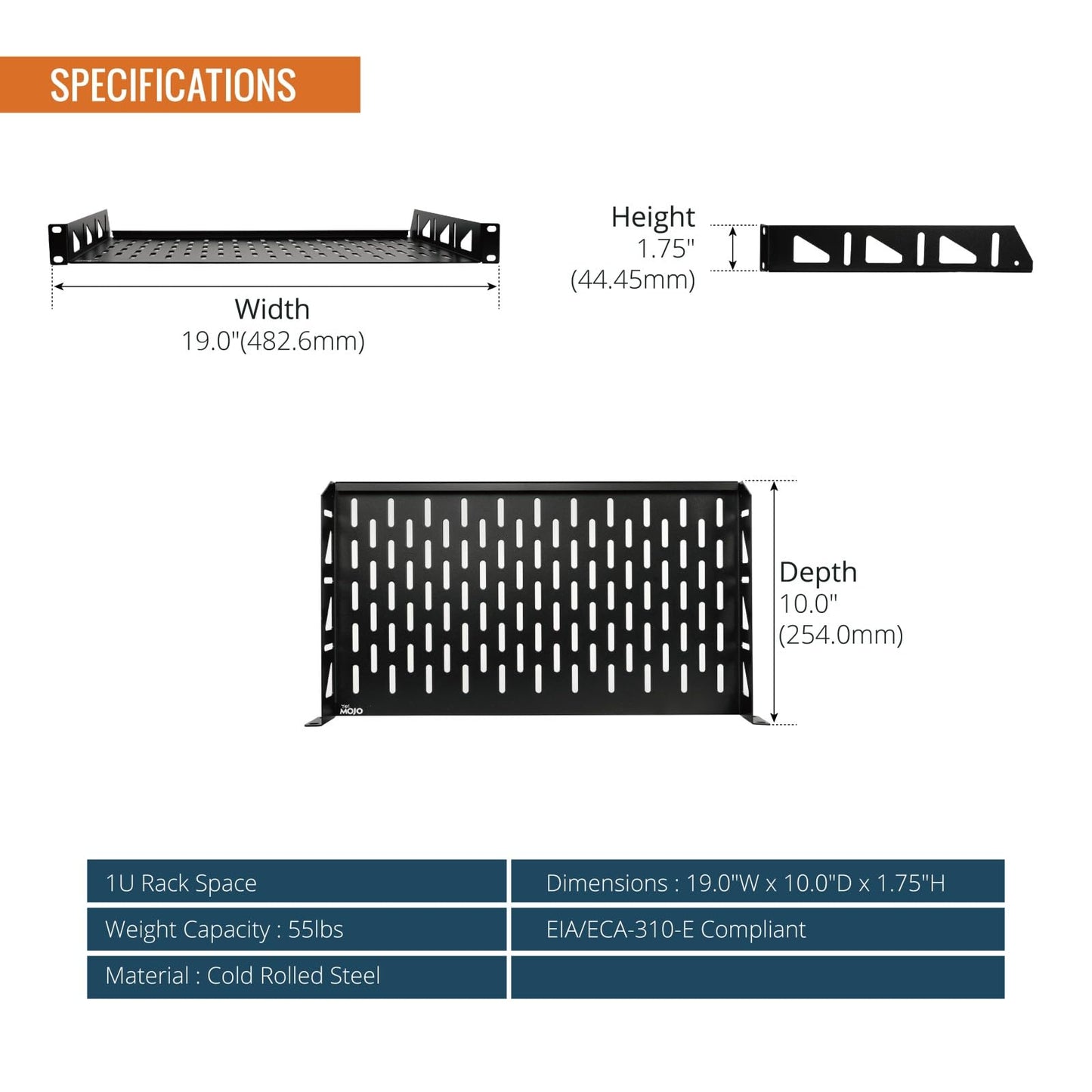 Tecmojo 1U Rack Shelf,19 inch Rack Shelf 10 inch Depth,Rack Mount Shelf with Anti-Slip Stops,Server Rack Shelf and Network Shelf for 19 in Equipments, 55lbs Capacity of Vented 1U Shelf,No Lip(2 Pack)