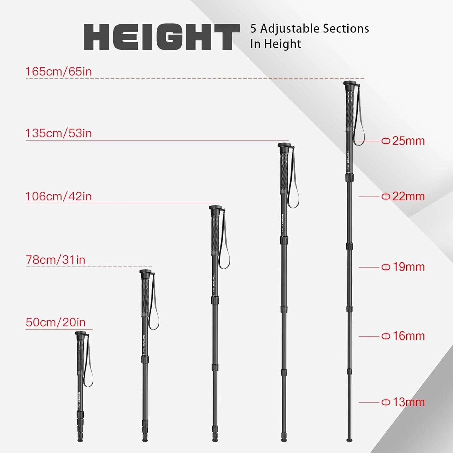 TONYBOO 65 5-Section 40 lbs TE-2 Aluminum Camera Monopod,Lightweight & Portable, Travel Monopod, Max Load