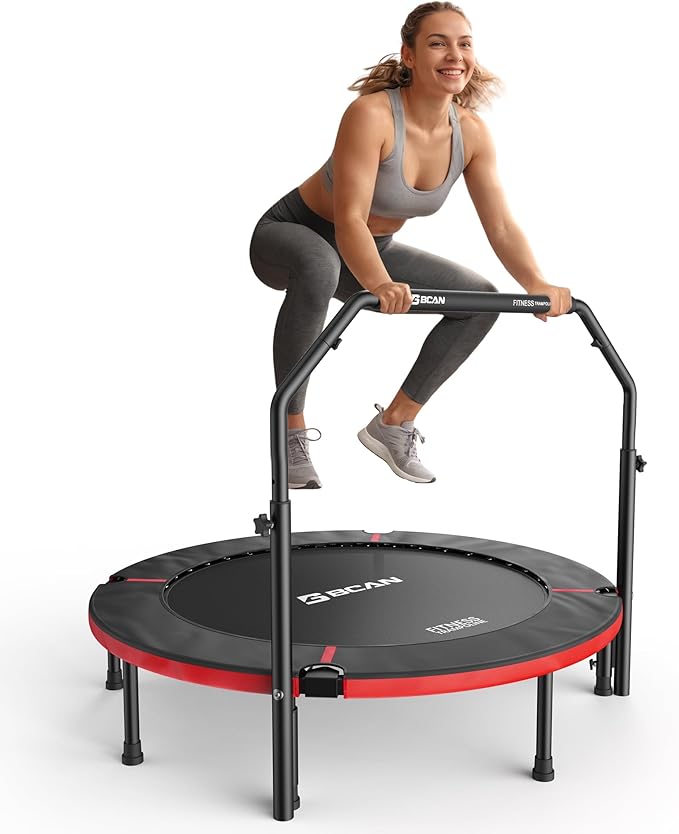BCAN 40"/48" Foldable Mini Trampoline, Rebounder Trampoline for Adults, U/T Adjustable Foam Handle, Exercise Rebounder for Adults Indoor/Garden Workout, Max Load 330lbs/440lbs