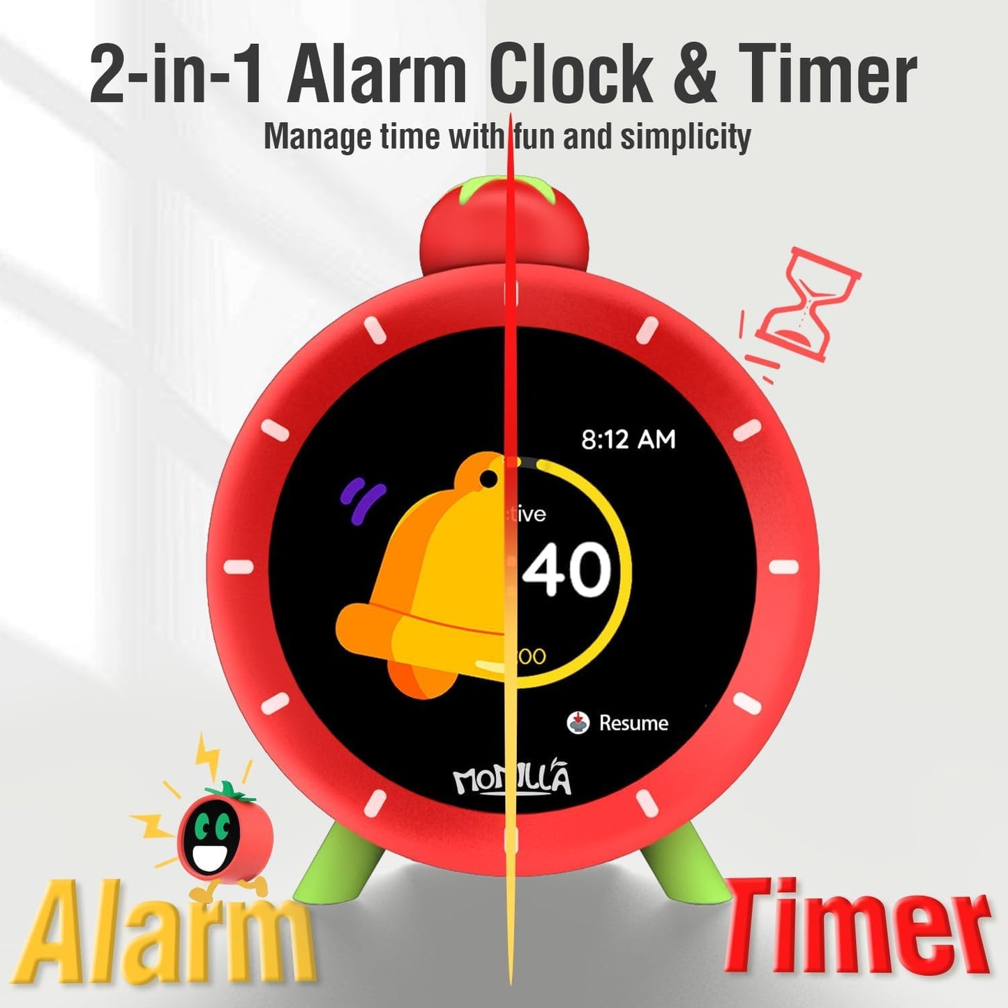 2.8" 4 MOMILLA Kids Alarm Clock for Bedrooms, Visual Timer with LCD Display Alarms, Digital Clock with White Noice