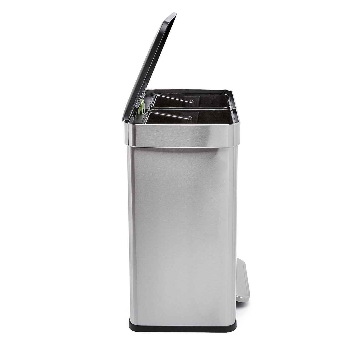 Amazon Basics Dual Compartment Recycling Trash Can with Soft-Close Lid, Fingerprint Resistant, Removable Liner Buckets, 60 Liters, Rectangular, Grey, Silver