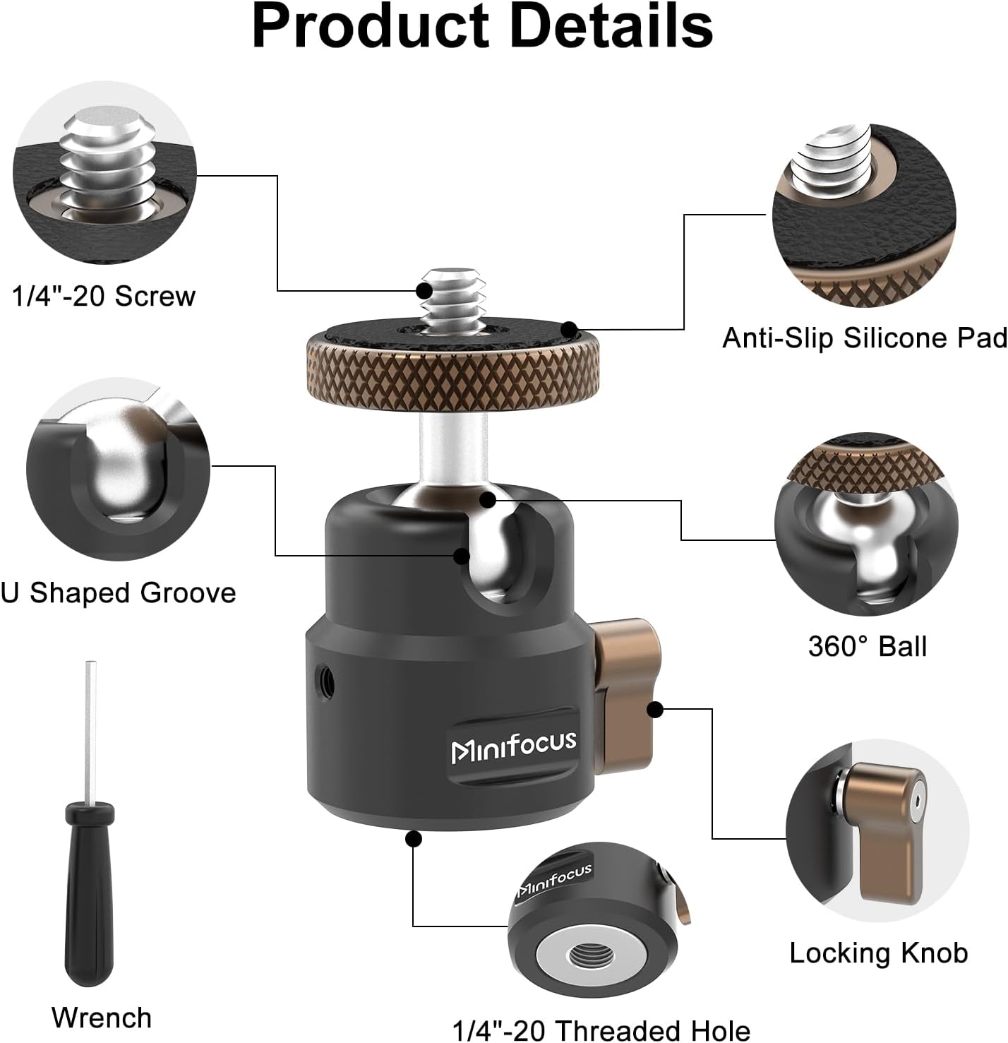 MINIFOCUS 1/4" 360 125 11Ib Mini Ball Head, Metal Tripod Ballhead w Threaded Hole, Swivel Tilt Tripod Mount Adapter