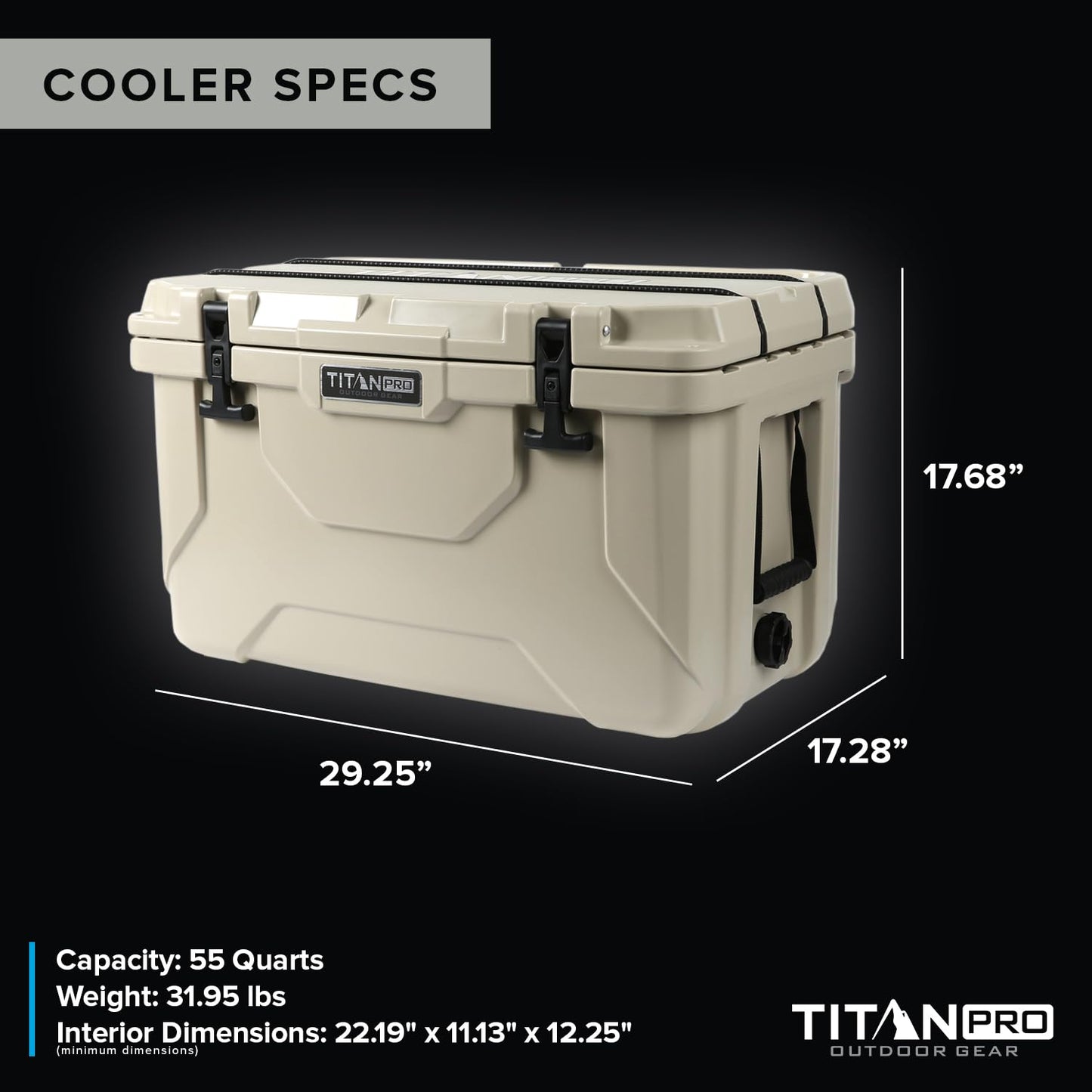 Titan PRO High Performance Ice Chest - 55 Quart Capacity - Hard Cooler with Interior LED Light, Dry Bin, Ice Saver Performance Booster and Microban Protection - Driftwood Tan