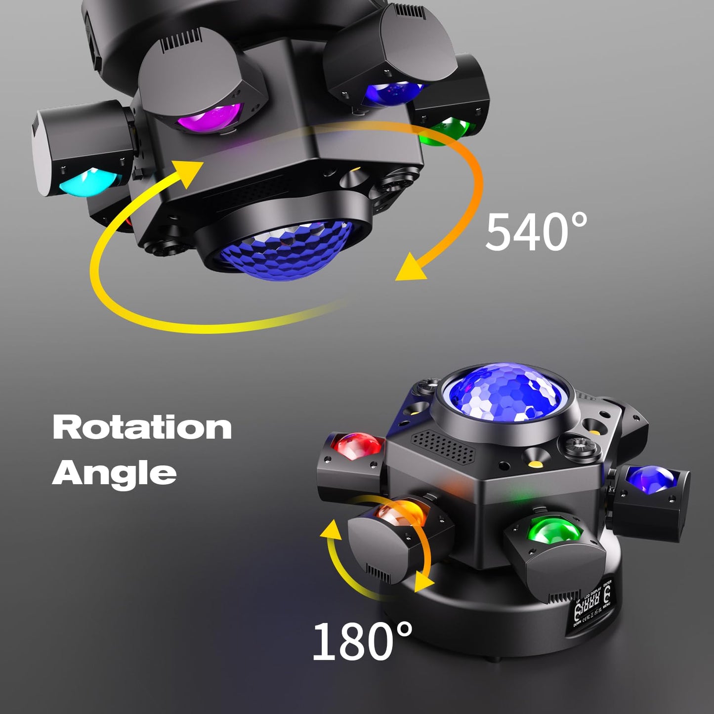 6-Arm Moving Head DJ Lights, 120W RGBW 4-in-1 Stage Lights with Kaleidoscope Magic Ball Effect, Starry Laser Effects, White/Golden Strobe, 540° Rotation, DMX512 Sound Activated Remote for Disco DJ Bar