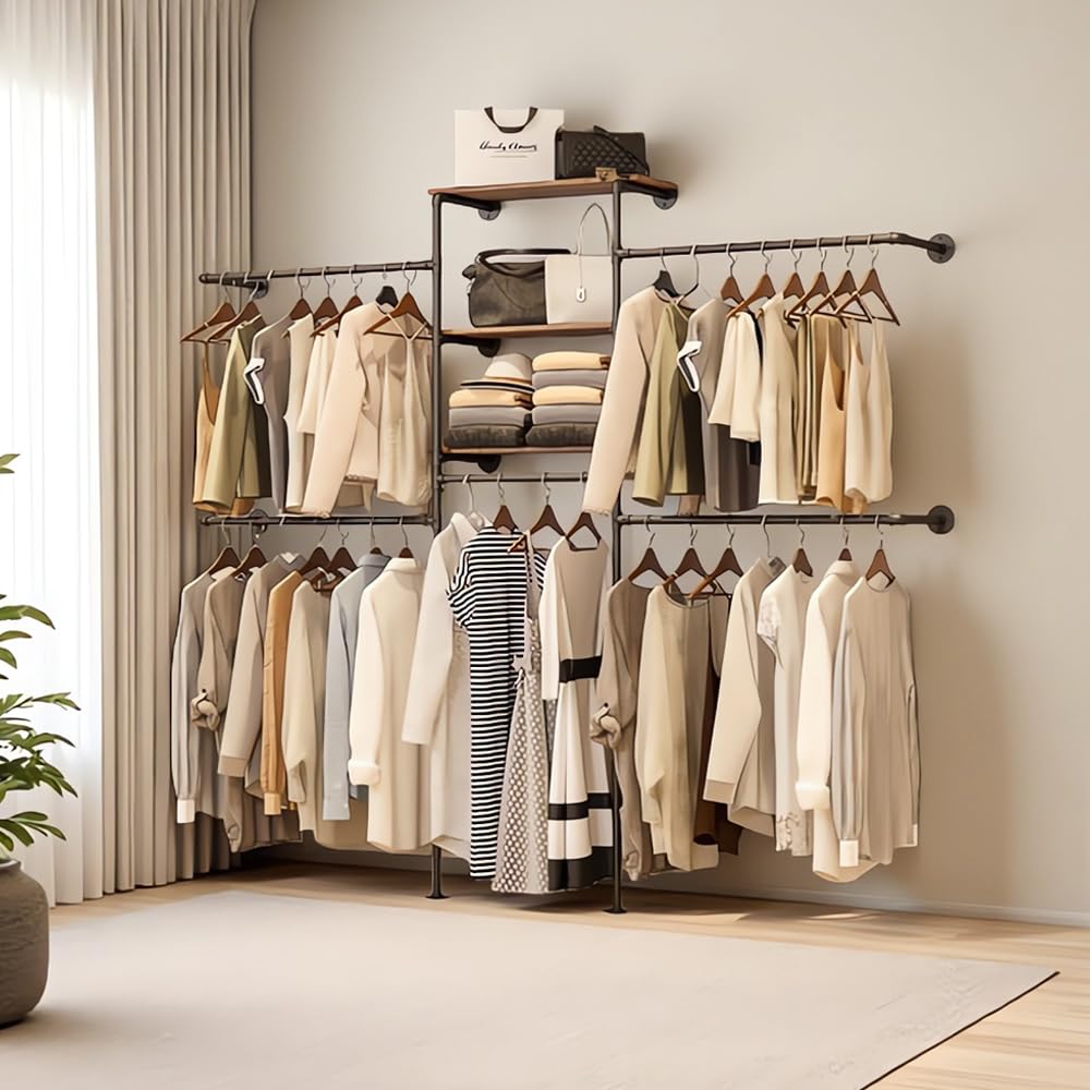KaKaBB Industrial Pipe Clothing Rack - Heavy Duty Wall Mounted Clothes Rack, Corner Closet System, DIY Wardrobe Organizer with Shelves, Walk in Closet Storage (BLACK, 94.5")