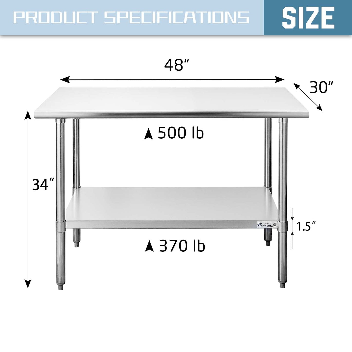 Hally Stainless Steel Table with Double Overshelf for Prep & Work 30 x 48 Inches, NSF Commercial Heavy Duty Table with Undershelf for Restaurant, Home and Hotel
