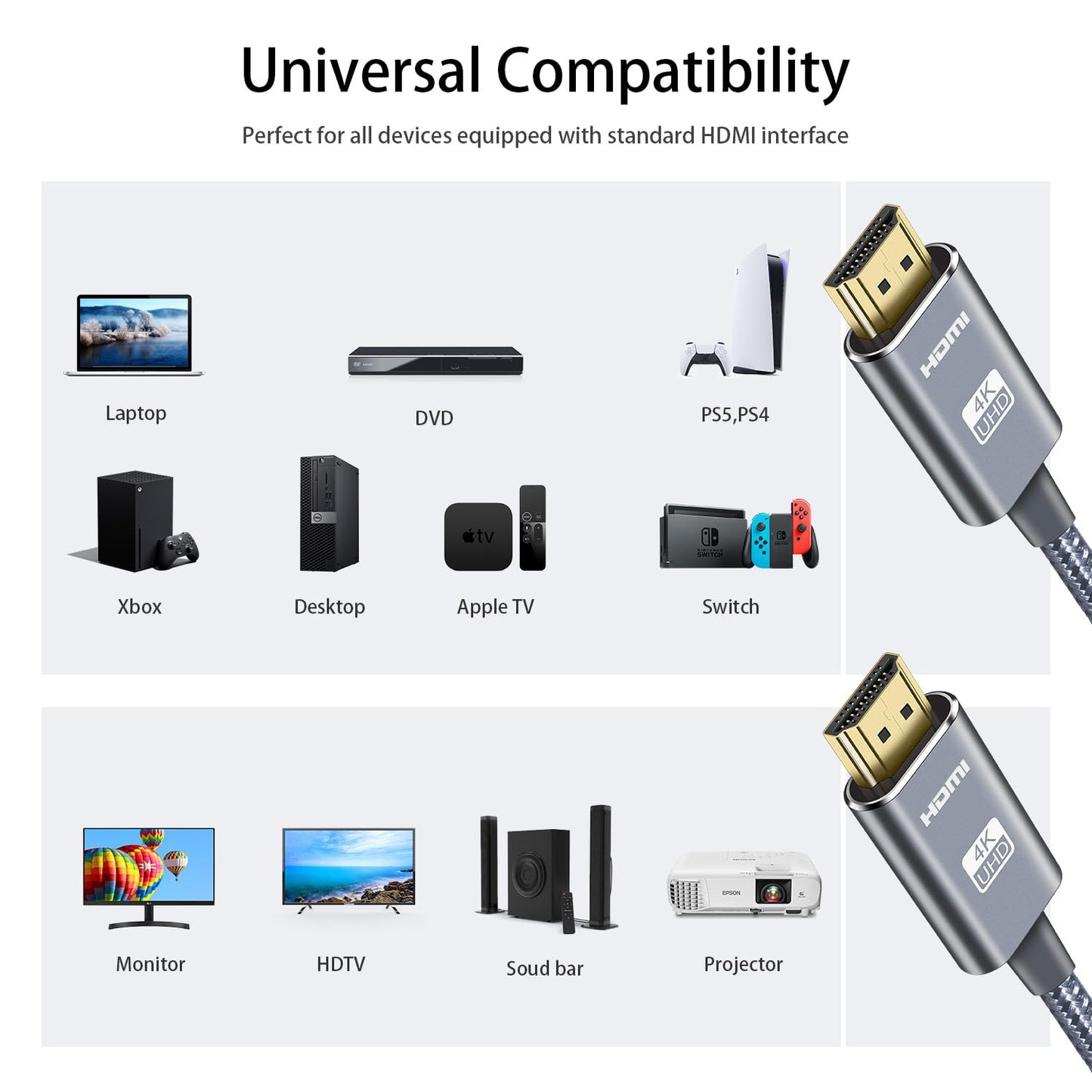4K 50 15M, 2.0 1080p, 3D, 2.2 PS5, LEADSTAR HDMI Cable ft / Long High Speed HDMI Cord Braided | Ultra HD, ARC, HDCP |