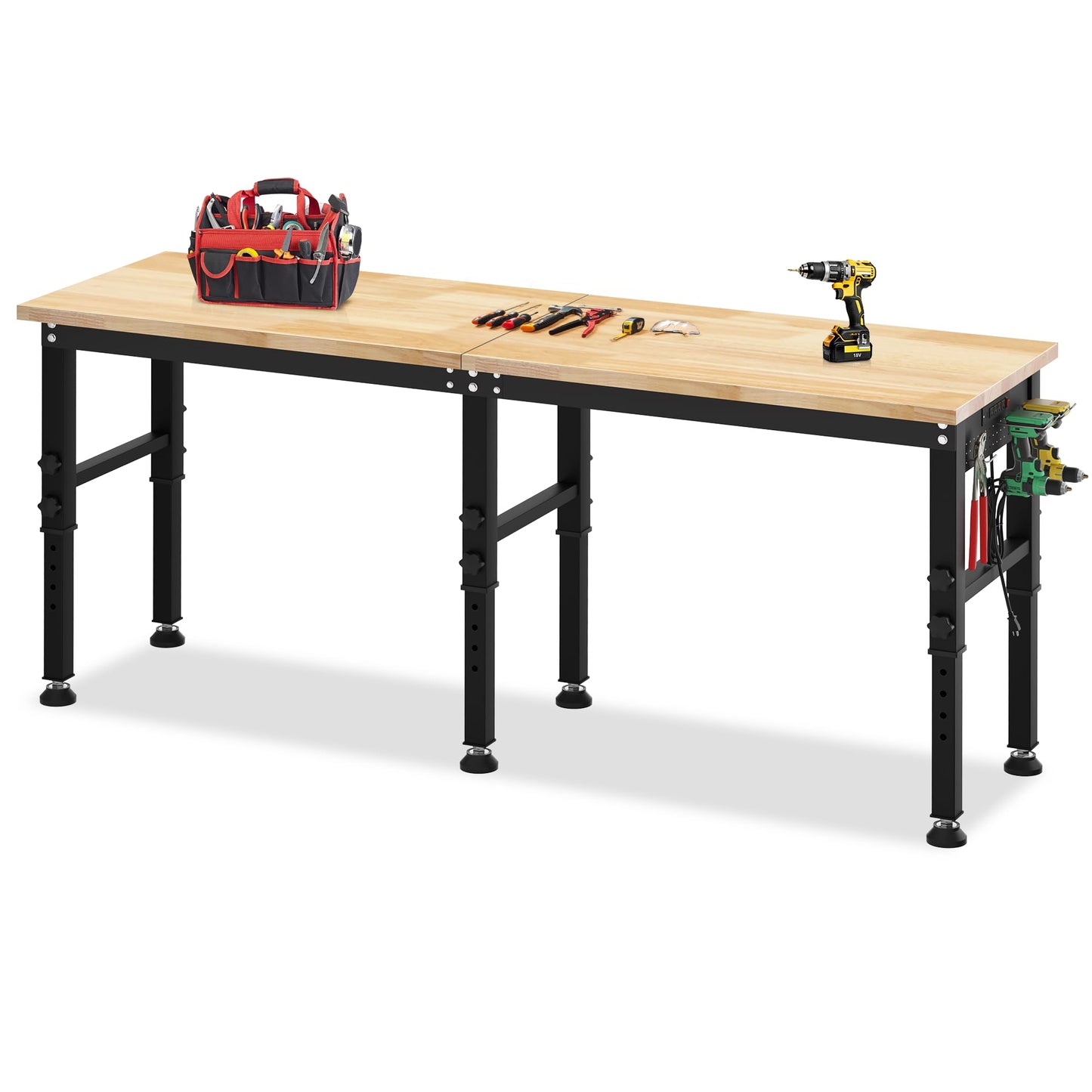 96'' Adjustable Workbench, 2500 LBS Load Capacity Heavy Duty Workstation with Power Outlets, Rubber Wood Top Worktable for Garage, Office,Workshop, Commercial