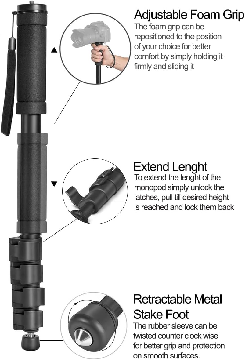 KLIOMAX 62 Inch 4-Section Camera Monopod Lightweight Aluminum Monopod with Safety Strap for DSLR, Mirrorless & Video
